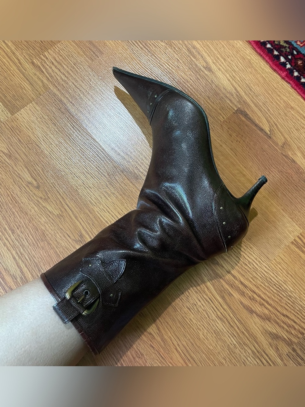 Dark Brown Pointed Toe Mid-Calf Heel Boot